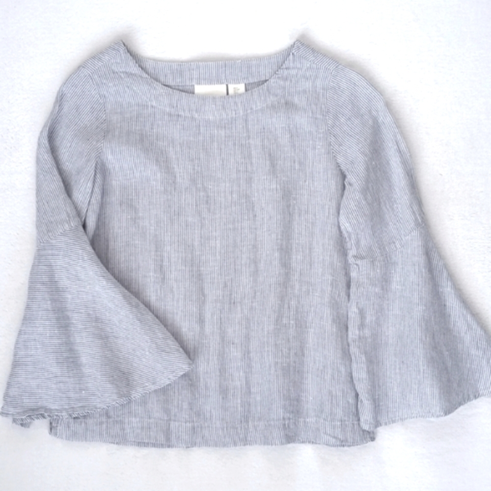 Cynthia Rowley 100% Linen Blue & White Pinstripe Bell Sleeve Top M - Picture 1 of 10